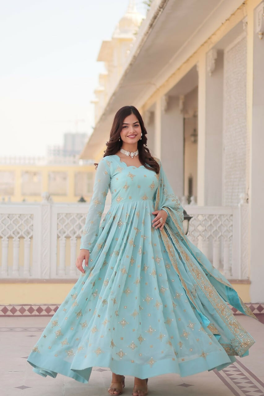 Vastranavya Faux Georgette with Zari & Sequins Embroidery Work Gown with Dupatta - Turquoise