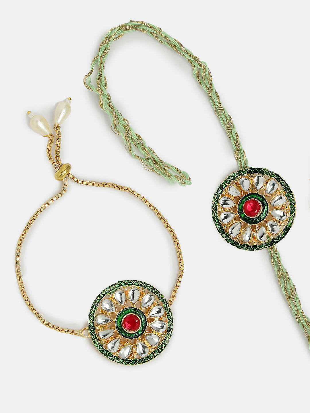 NVR Women & Men Set of 2 Gold Kundan-Studded Handcrafted Wraparound Rakhi Set With Roli Chawal & Chocolate