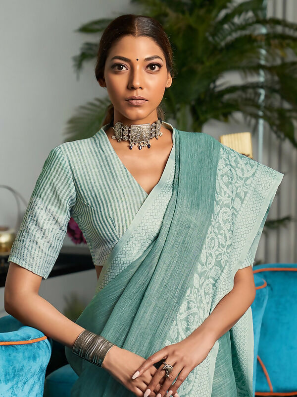 Shree Shyam Fashion Elegant Sea Green Woven Linen Saree with Contrast Zari Border & Tassels - Soft & Breathable Party Wear