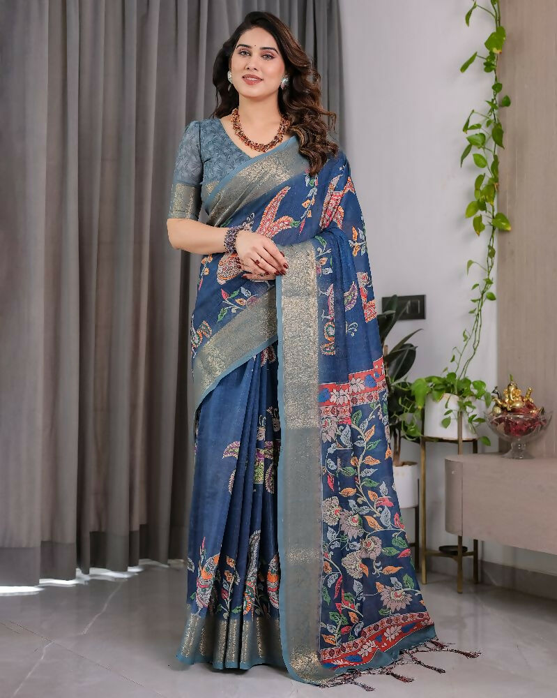 PR Fashion Blue Pure Handloom Linen Saree