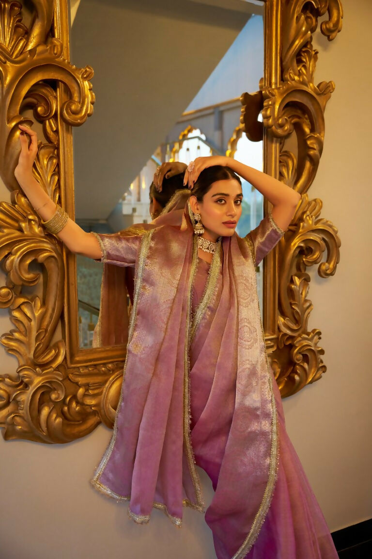 Vastranavya Baby Pink Tissue Shimmer Zari Weaving Work Saree with Unstitched Blouse