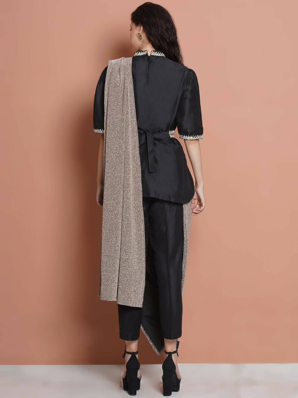 Women Republic Black Cotton Blended Set with Attached Drape