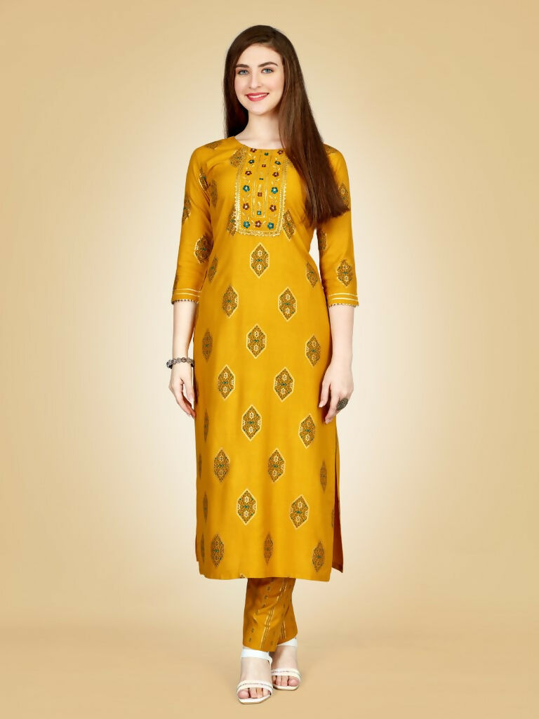 Jyoti Fashion Women's Yellow Viscose Rayon Embroidered Kurta Pant Set
