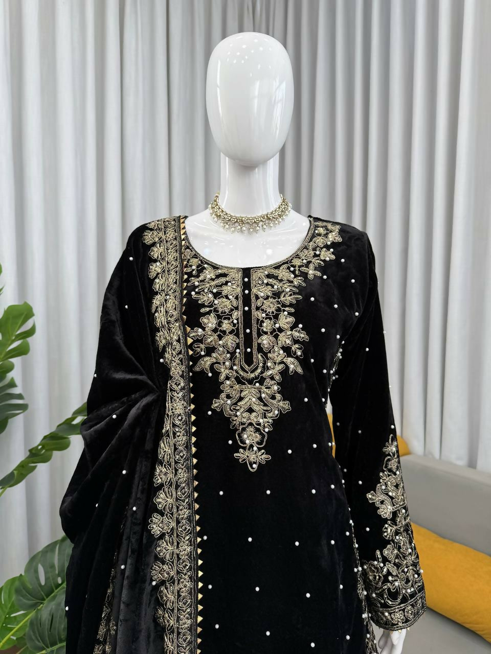 Vastranavya Black Viscose Velvet Cording Sequence With Moti Work Top-Bottom With Dupatta