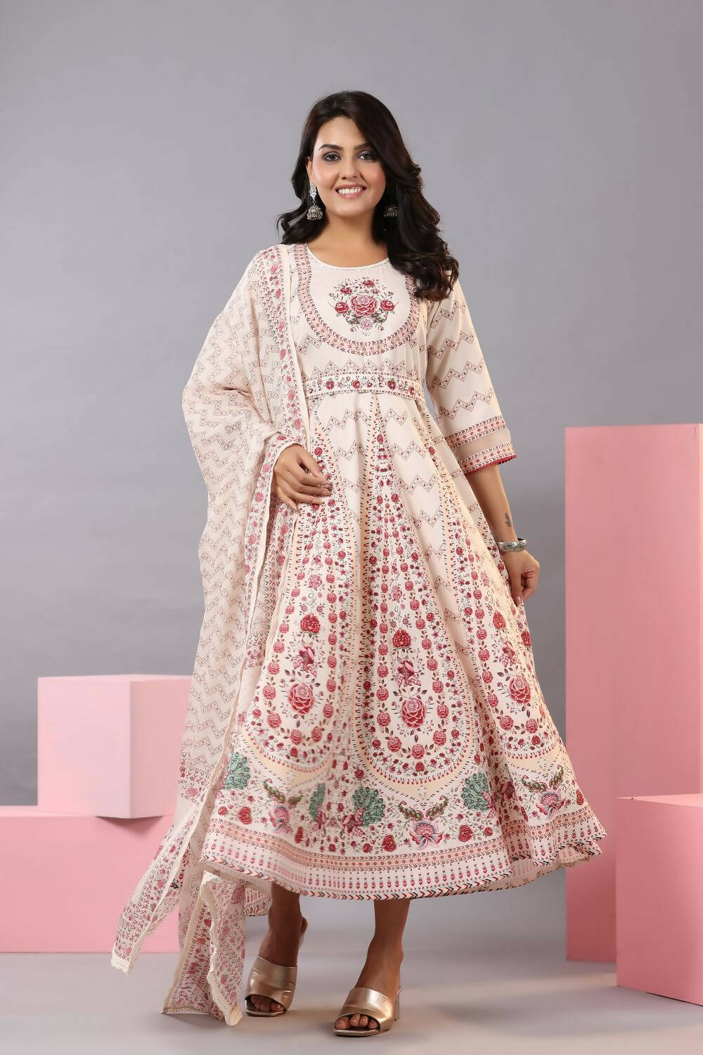 Juniper Women Ecru Rayon Floral Printed Kurta and Dupatta Set