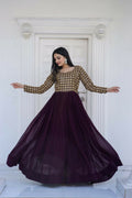 Jyoti Fashion Women's Wine Sequence Zari Embroidered Faux Blooming Anarkali Dress