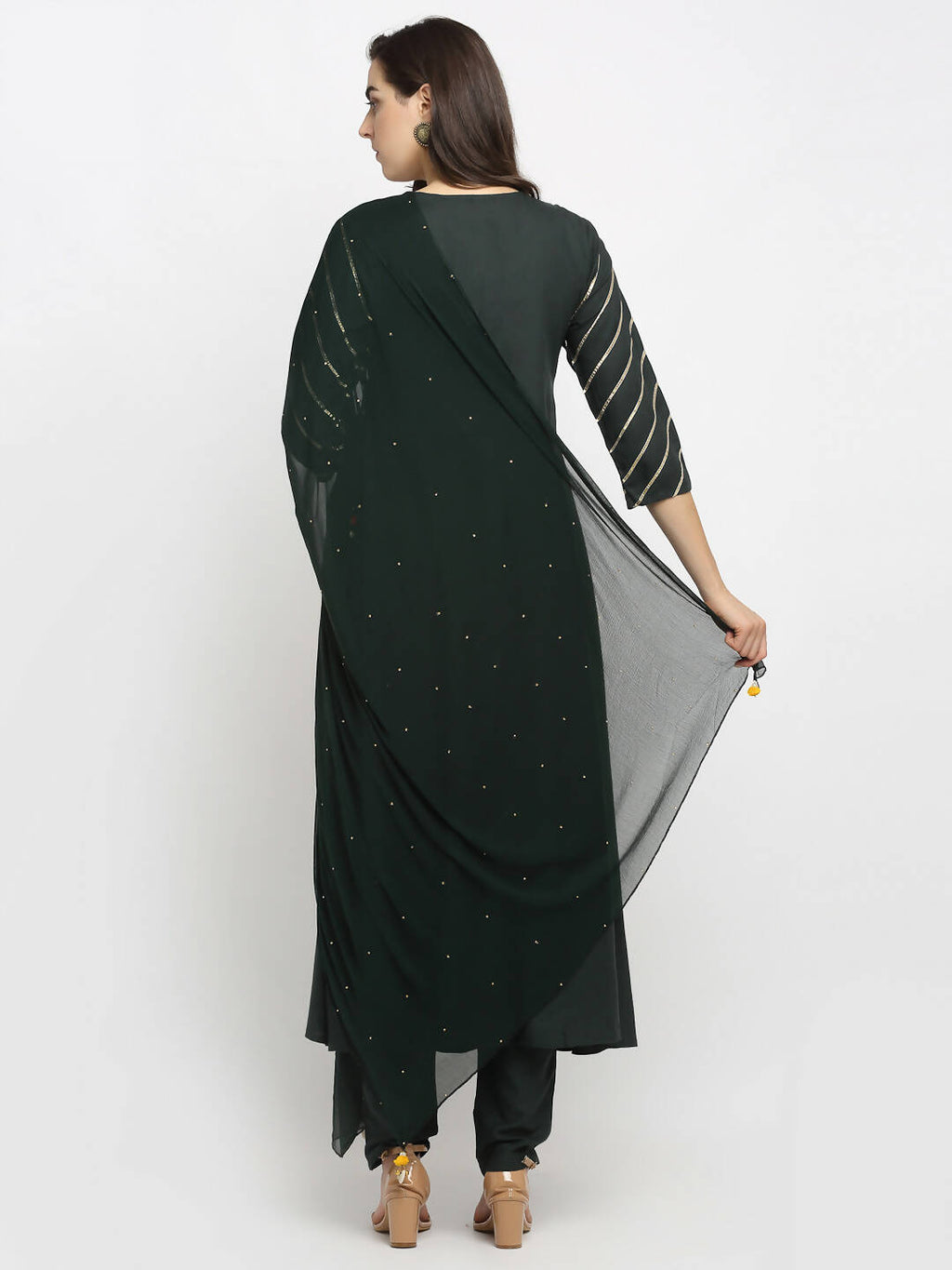 Rudra Bazaar Green Angrakha Style Flared Anarkali Kurta with Pyjamas & Dupatta