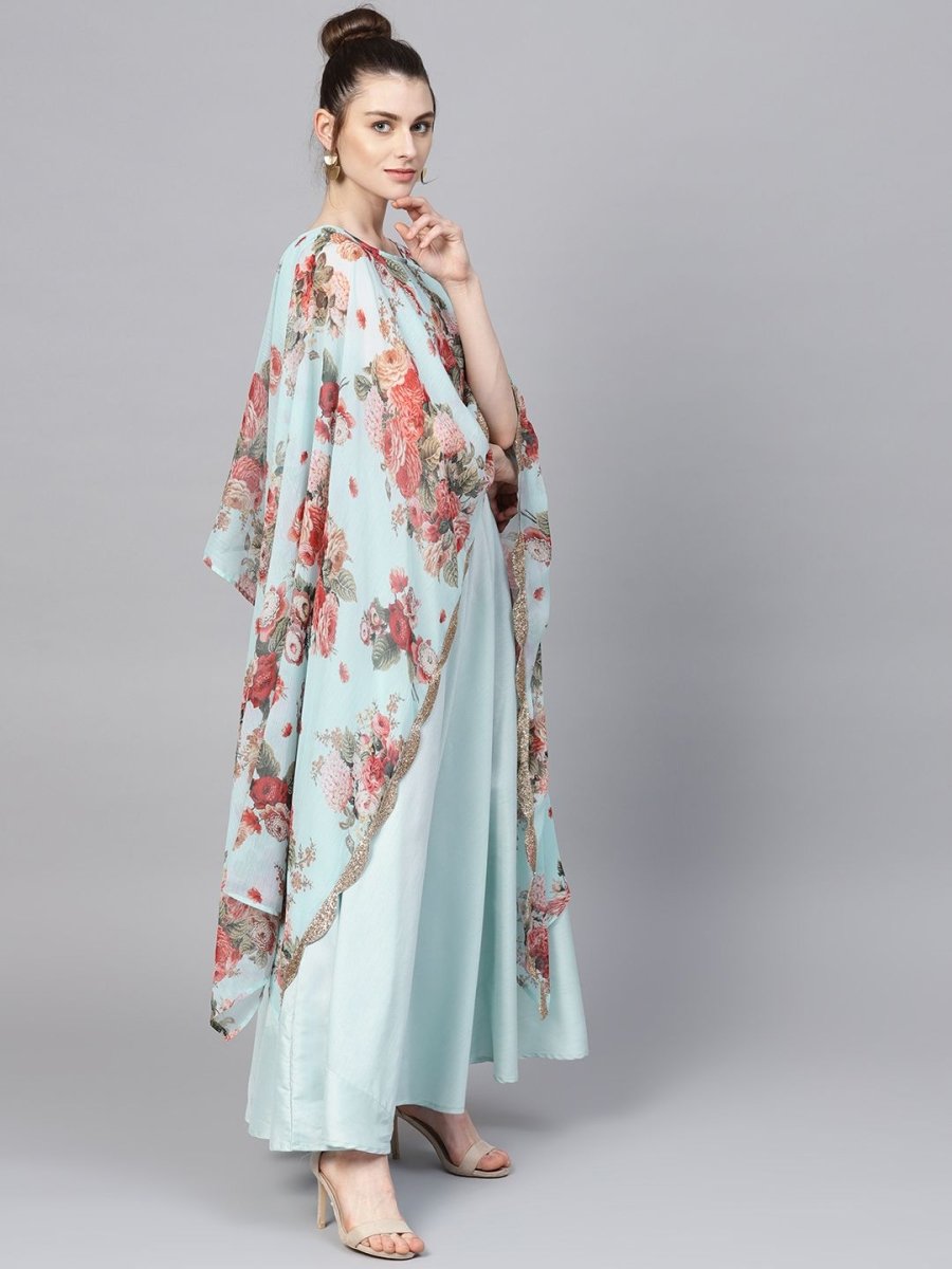 Ahalyaa Aqua Blue Poly Silk Kurta With Attached Printed Dupatta