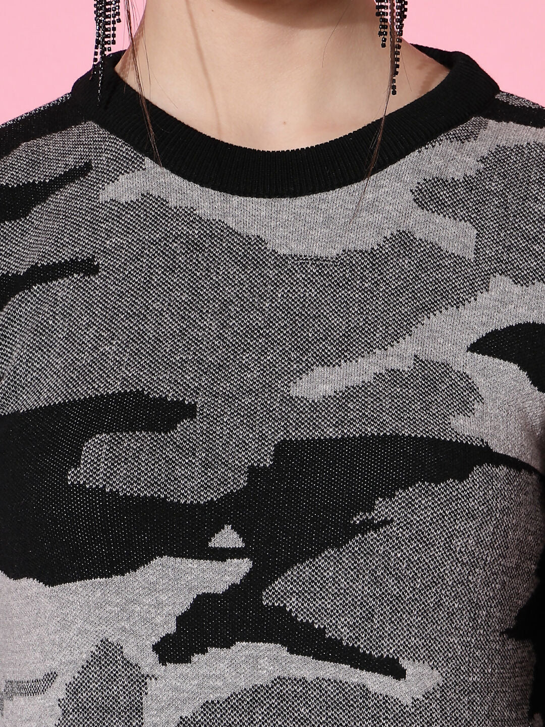 Women Black Acrylic Camouflage Knit Winter Dress - Wool Trees