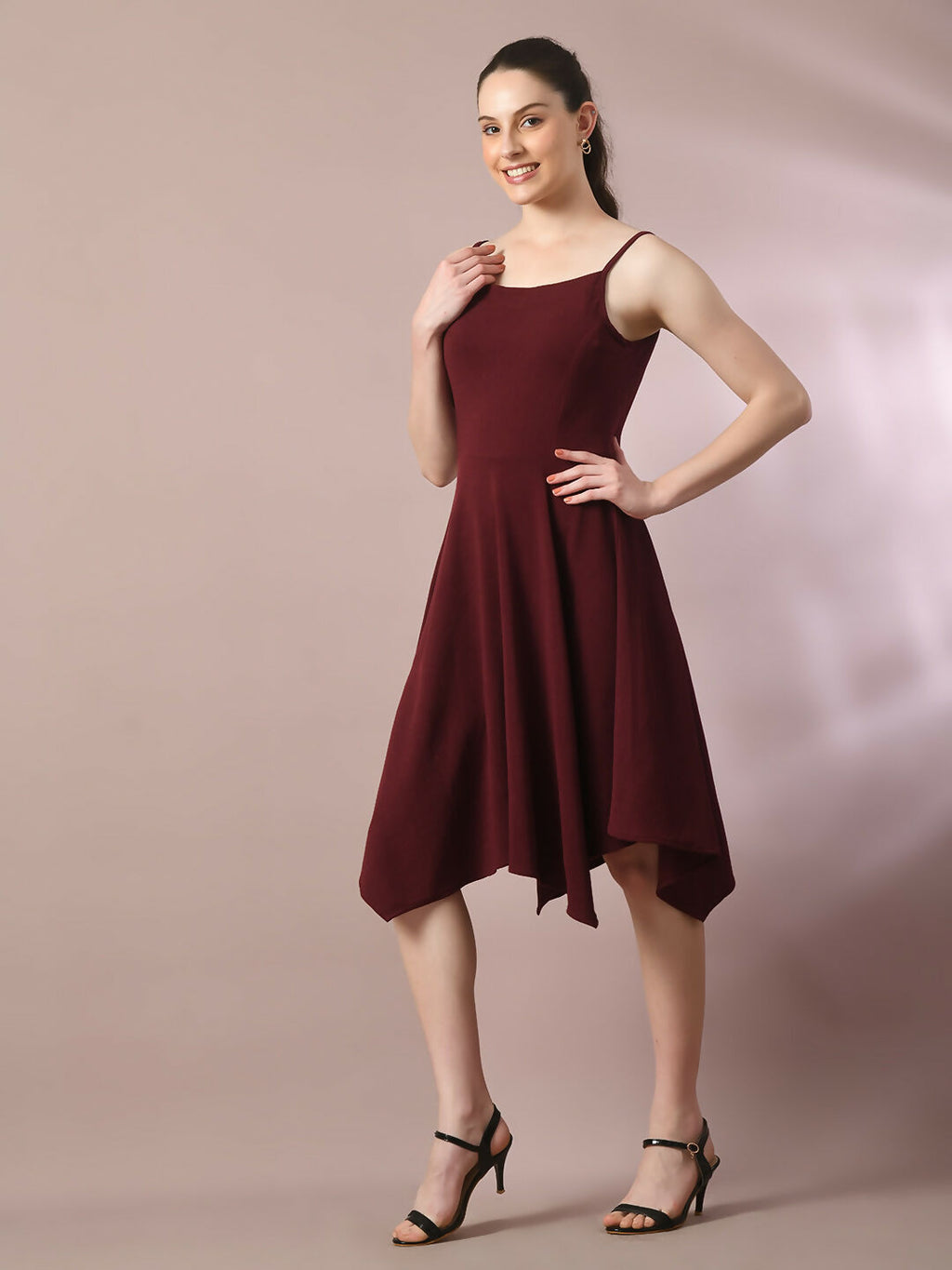 Myshka Women's Maroon Solid Shoulder Straps Fit and Flare Party Dress