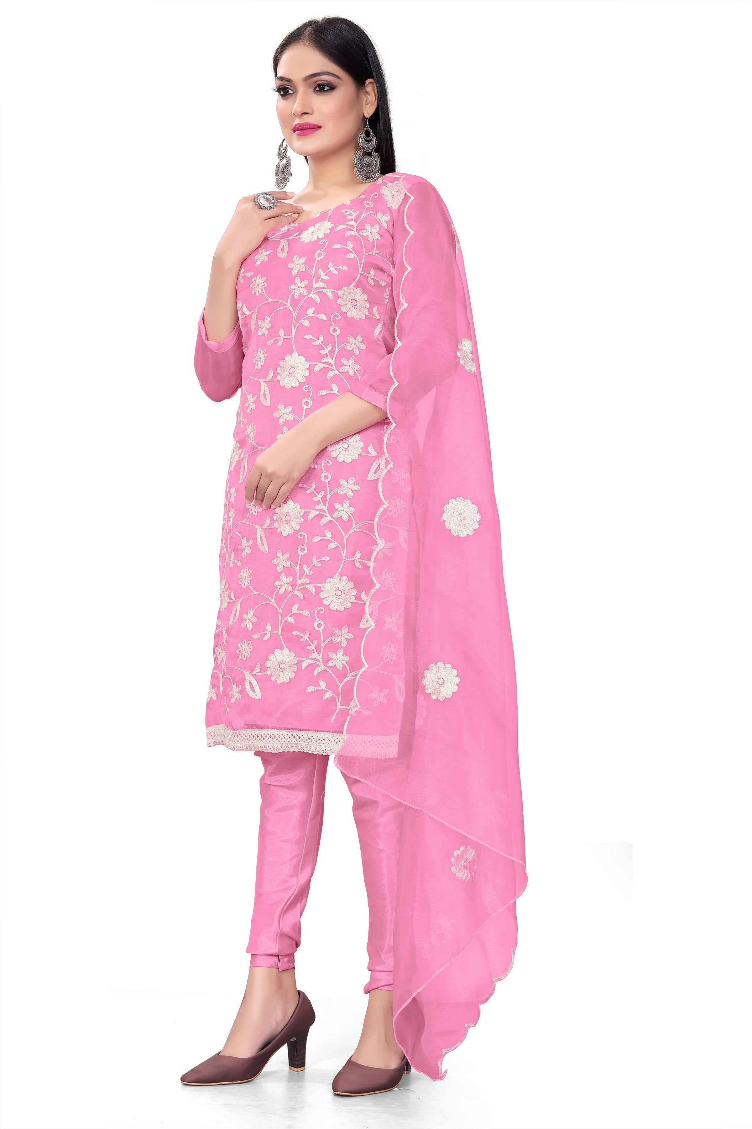 Pink Organza Silk Embroidered Work Unstitched Dress Material - Tanvi
