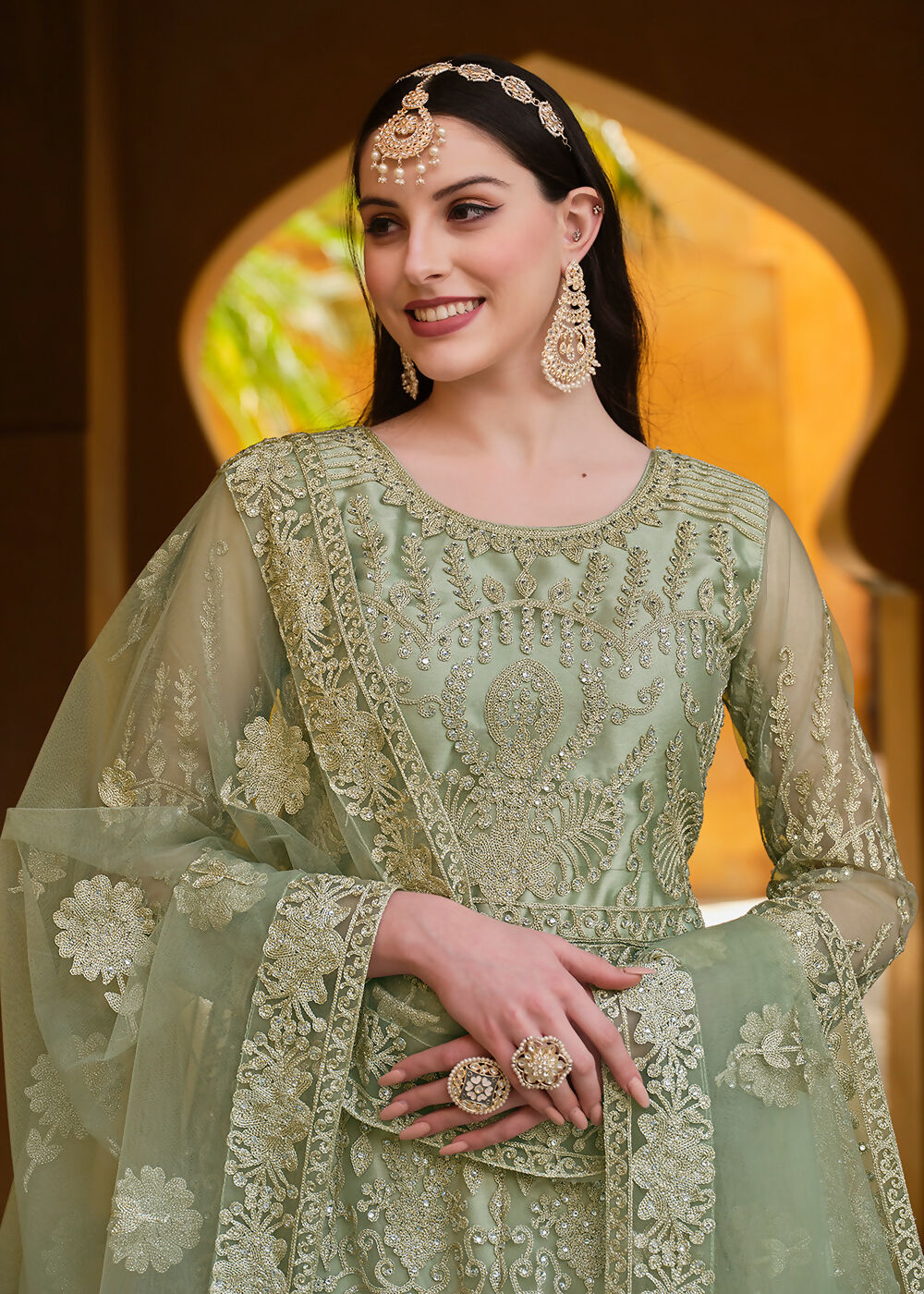 Pista Green Pure Butterfly Net Wedding Wear Anarkali Suit - Emponline