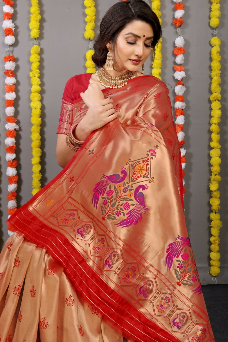 Jyoti Fashion Women's Red Paithani Silk Zari Woven Saree with Blouse