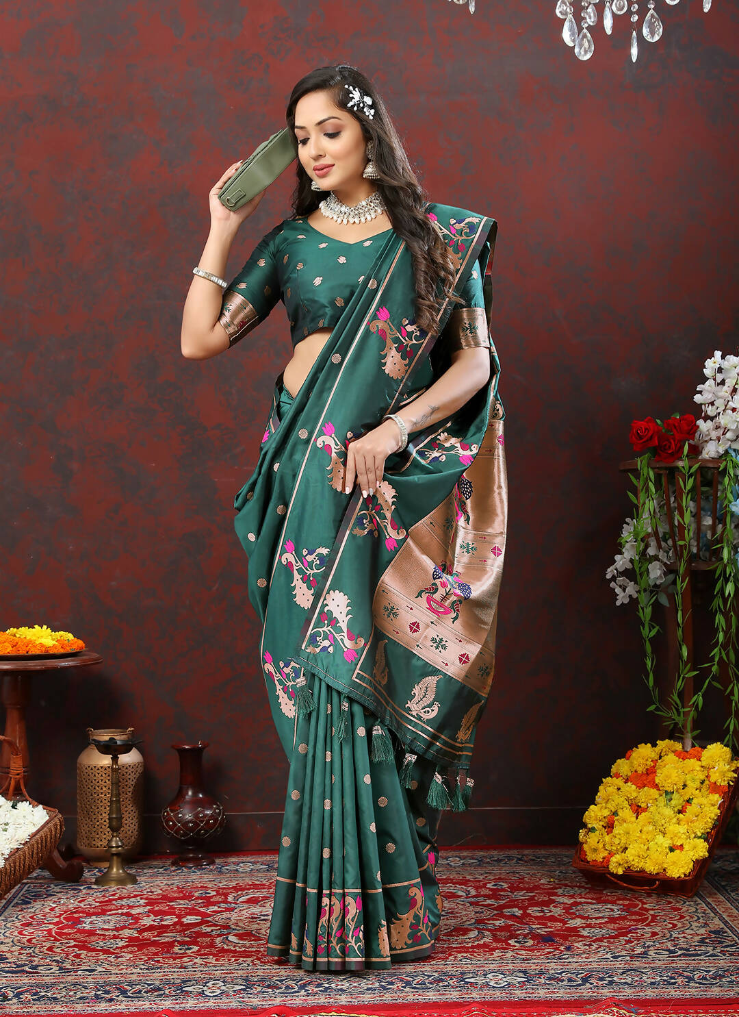 Lorenvalley Fashion Green Soft Paithani Silk Woven Design Copper Zari Meenakari Weaving Saree