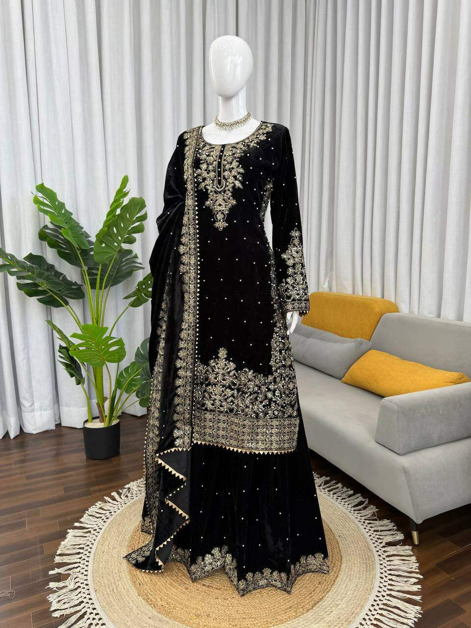 Vastranavya Black Viscose Velvet Cording Sequence With Moti Work Top-Bottom With Dupatta