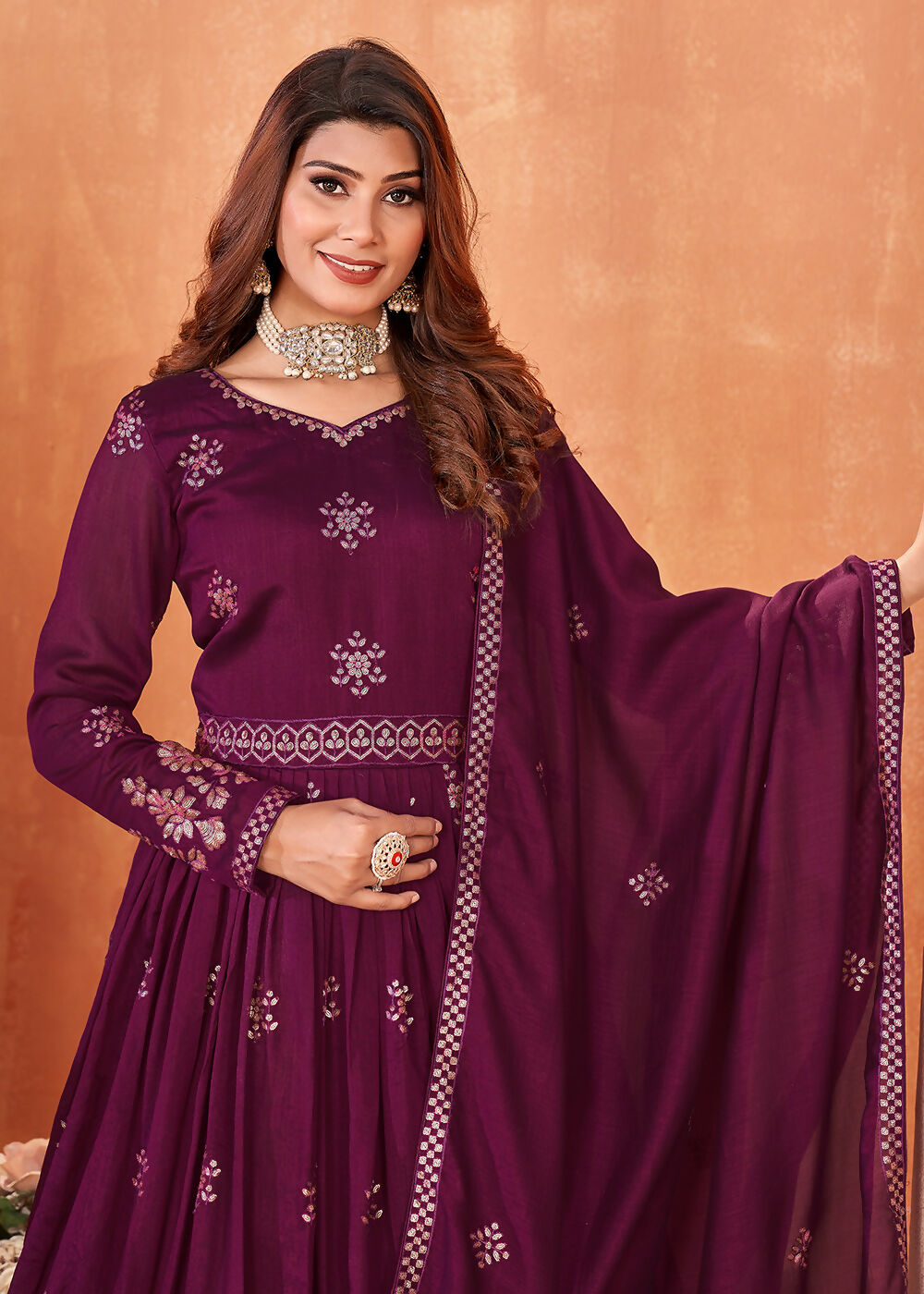 Wine Purple Festive Embroidered Art Silk Anarkali Suit - Emponline