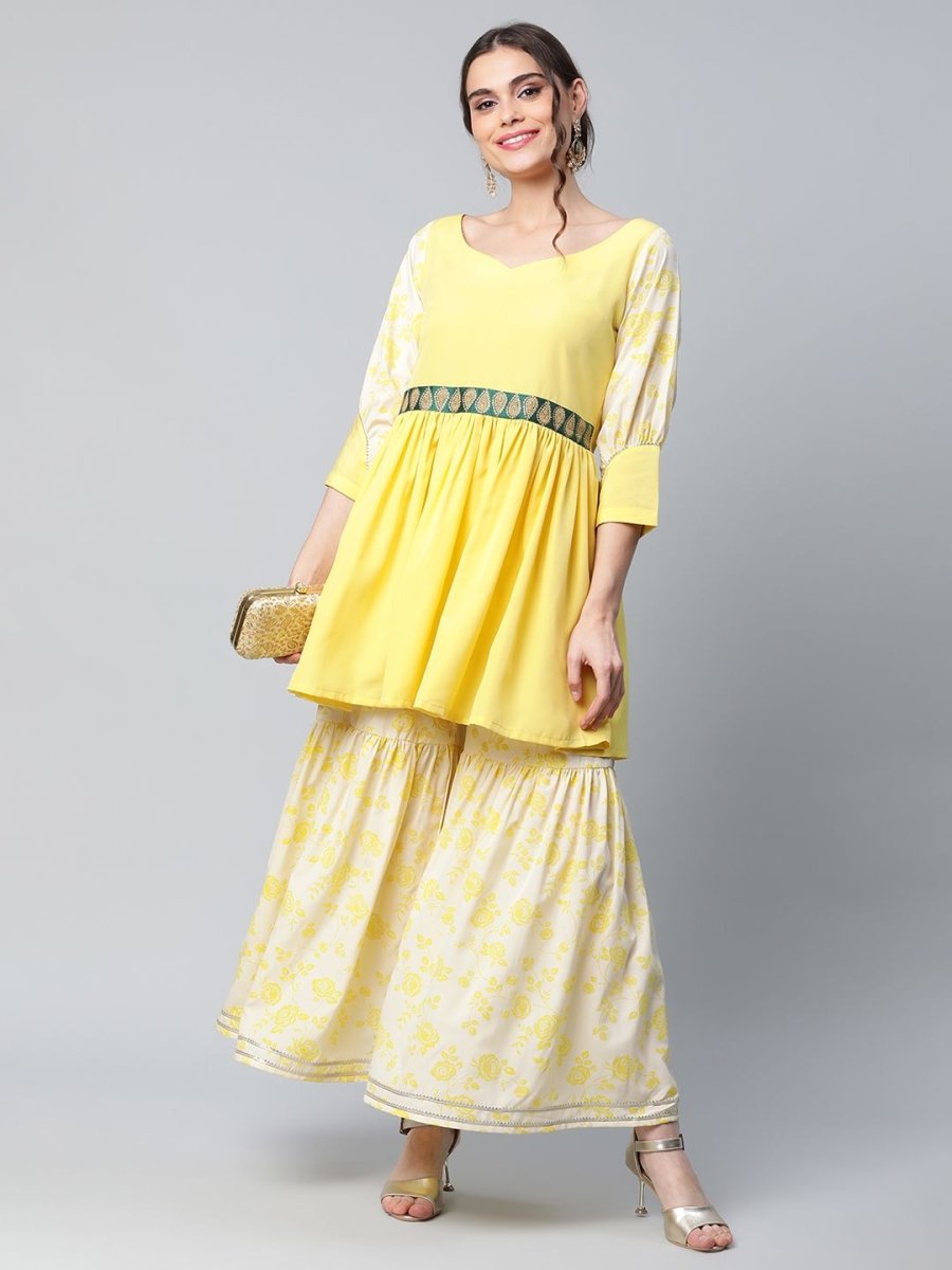 Ahalyaa Women Yellow Crepe Floral Short Kurta with Sharara Set