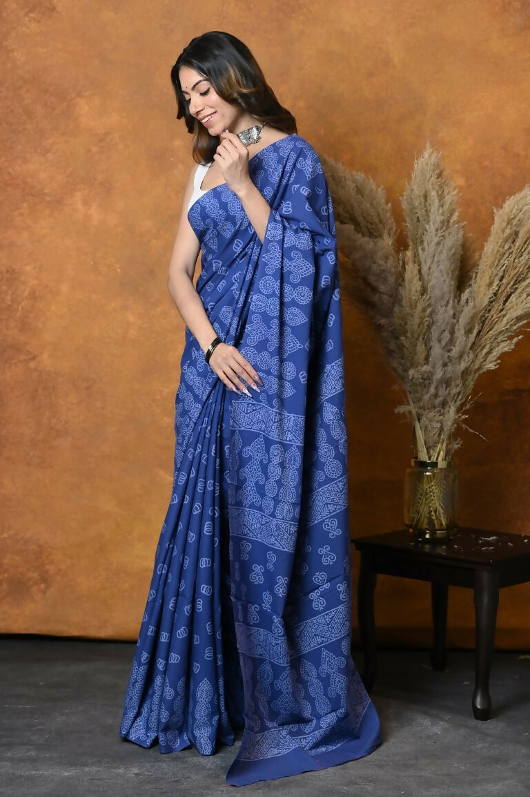Very Much Indian Handblock Printed Cotton Saree With Natural Dyes - Indigo Blue