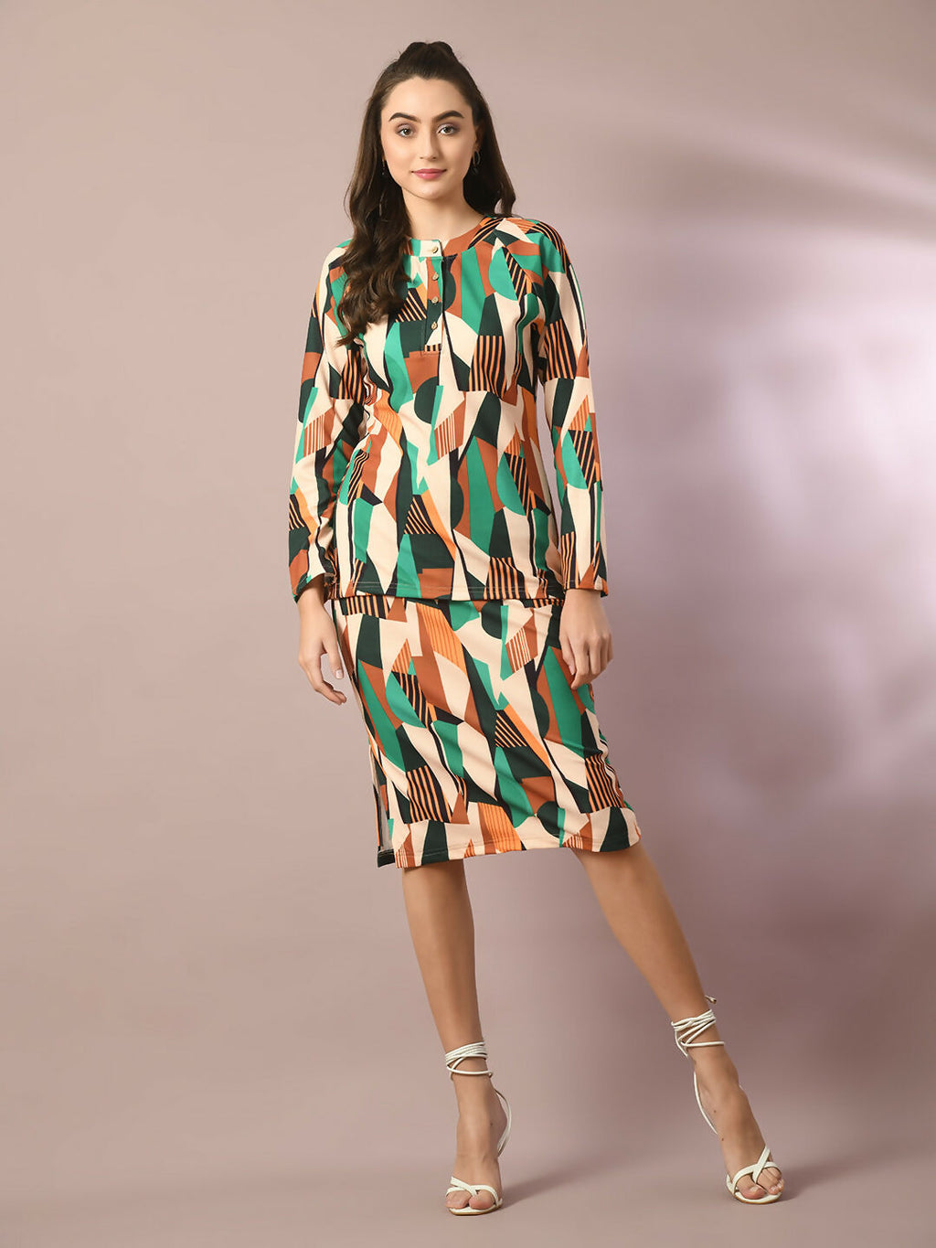 Myshka Women's Multi Printed Round Neck Party Top With Skirt Co-ord set