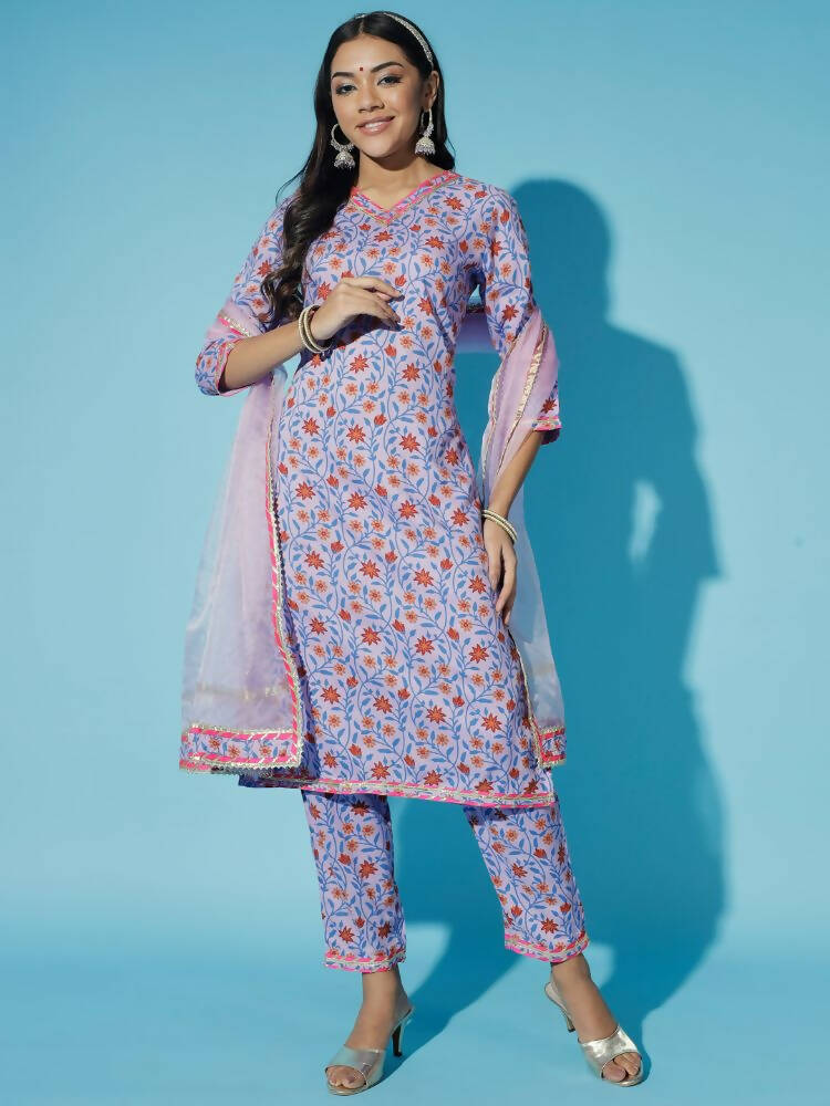 Myshka Women Lavender Printed Kurta & Trousers With Dupatta