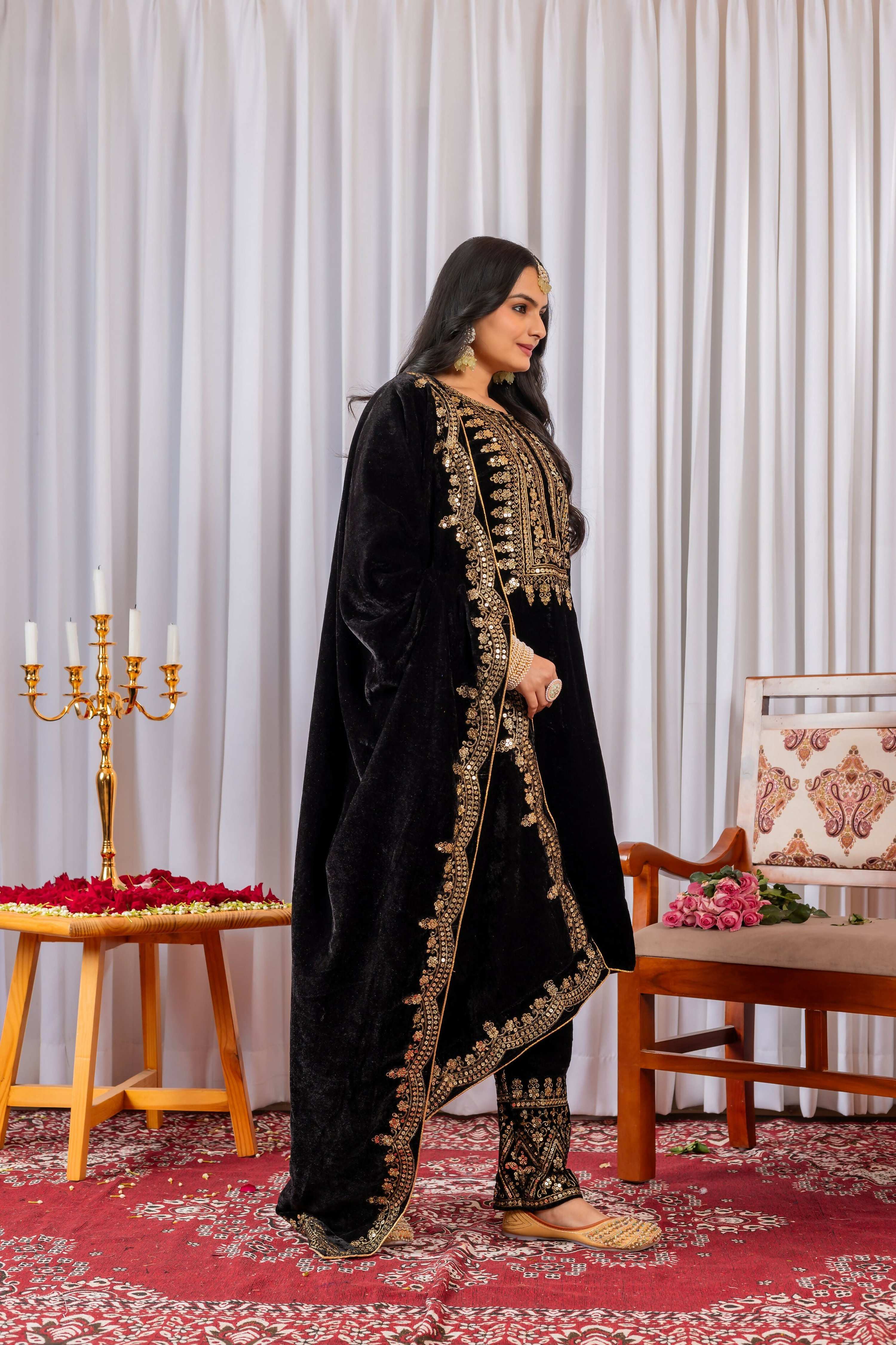 Teeya Creation Black Color Velvet Designer Embroidery Work party Wear Suit
