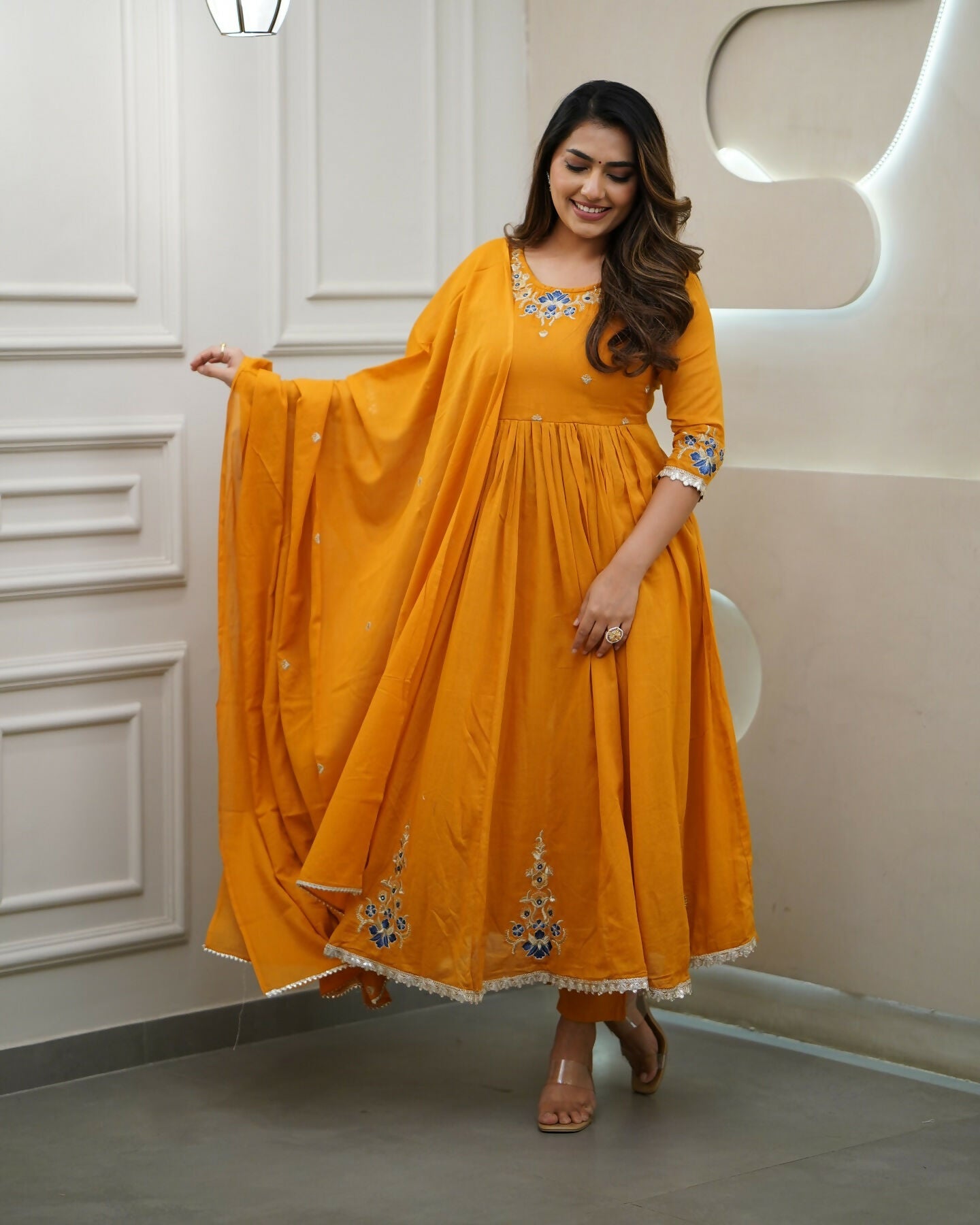 The52 Orange Women's Gorgeous Viscose Fabric Embroidered Work Flared Kurta Pant and Dupatta Set