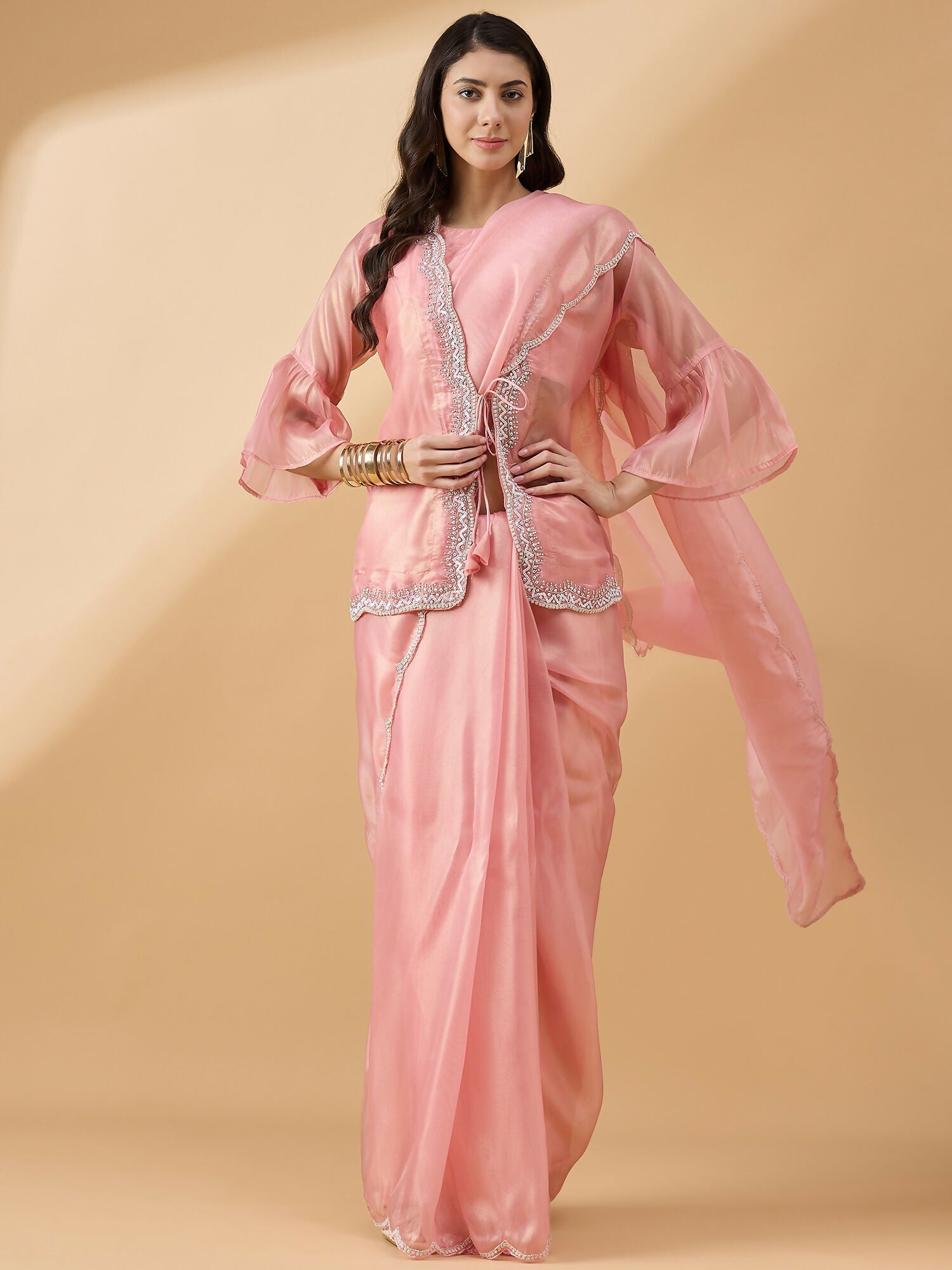 Peach Chiffon Solid Saree with Stitched Blouse & Stone Work Shrug - Dharavi