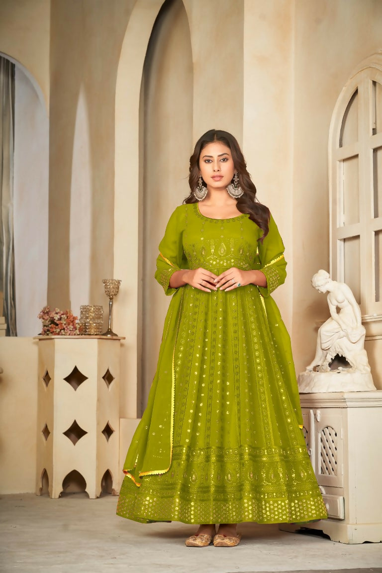 Jyoti Fashion Women's Mehendi Georgette Embroidered Anarkali Kurta Pant Set With Dupatta