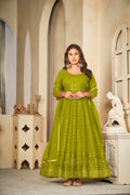 Jyoti Fashion Women's Mehendi Georgette Embroidered Anarkali Kurta Pant Set With Dupatta