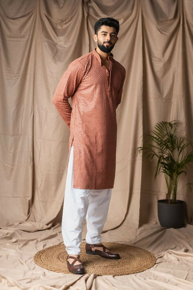 Reddish Orange Rayon Thread Embroidery Work Kurta Set - Mahotsav