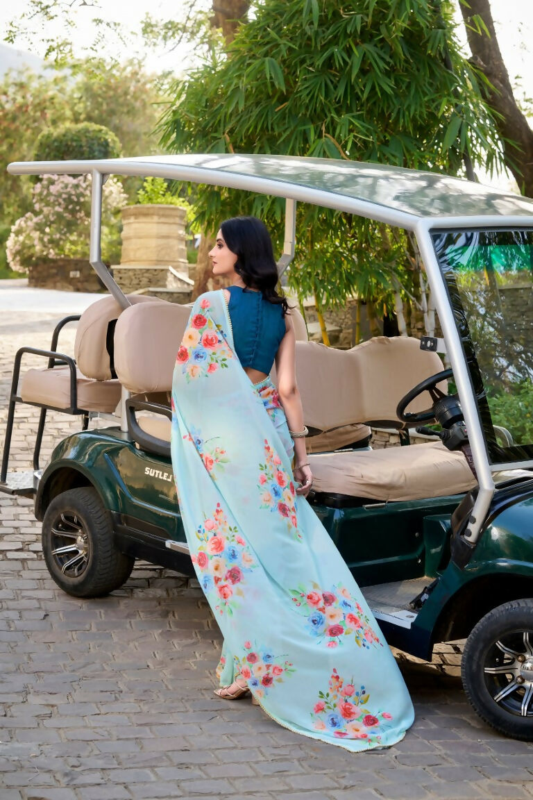 Vastranavya Sea Blue Weightless Marble Printed & Pearl Lace Border Saree with Unstitched Blouse
