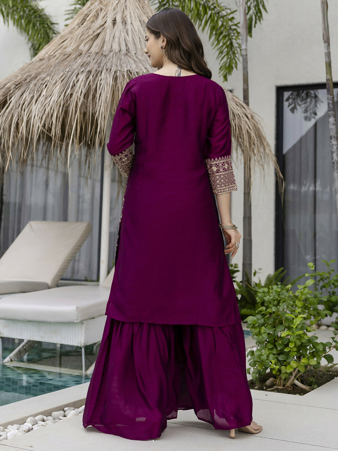 The52 Wine Beautiful Embroidered Vichitra Silk Fabric Straight Kurta, Palazzo and Dupatta Set