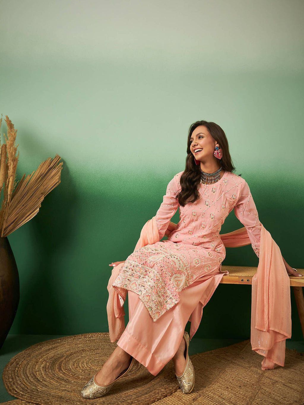 Peach Georgette Handwork Unstitched Dress Material - Hanika