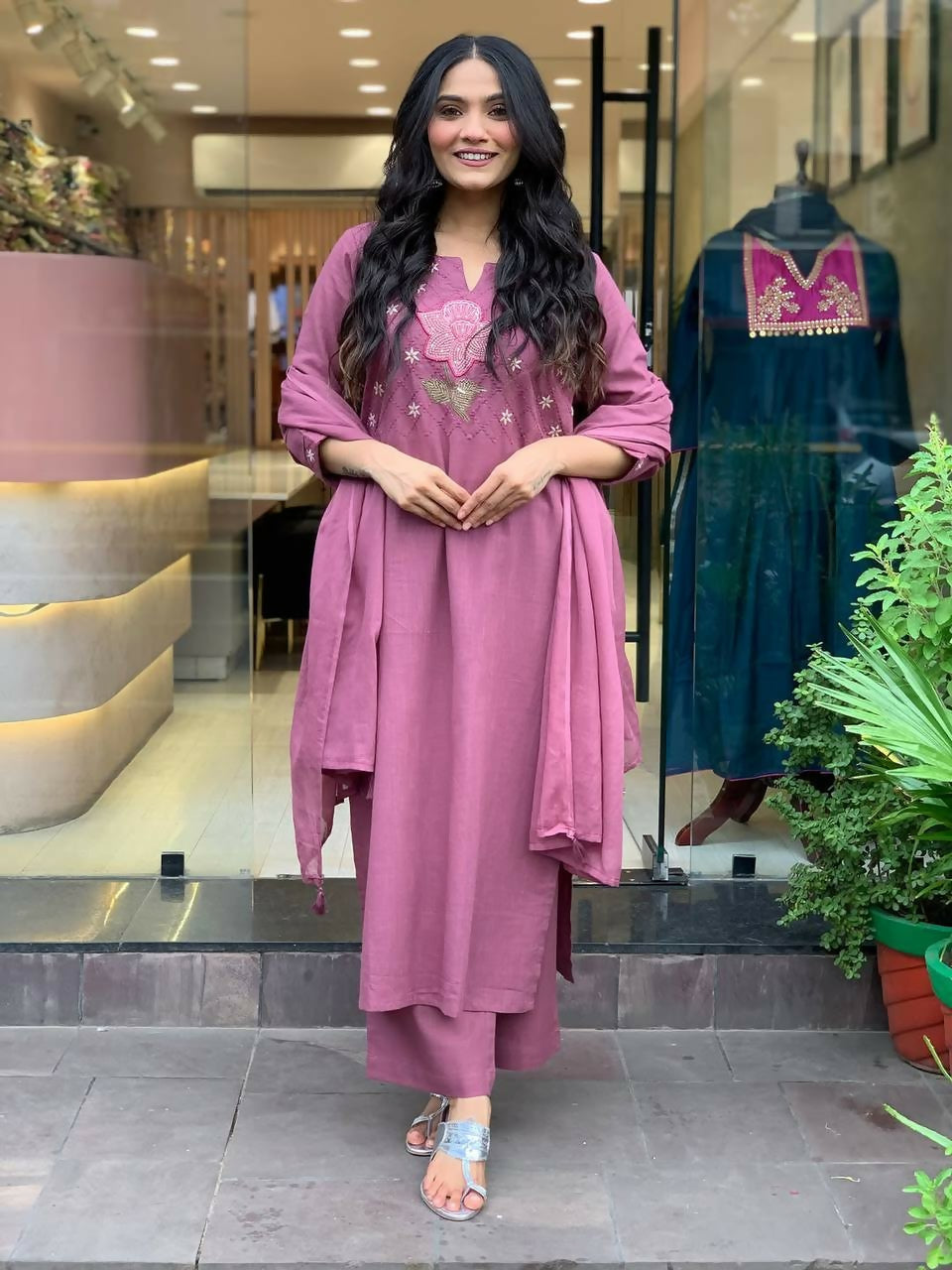 The52 Peach Women's Gorgeous Embroidered Cotton Fabric Straight Kurta Pant with Dupatta Set