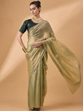 Green Muslin Embroidered Saree with Unstitched Blouse Piece - Satya