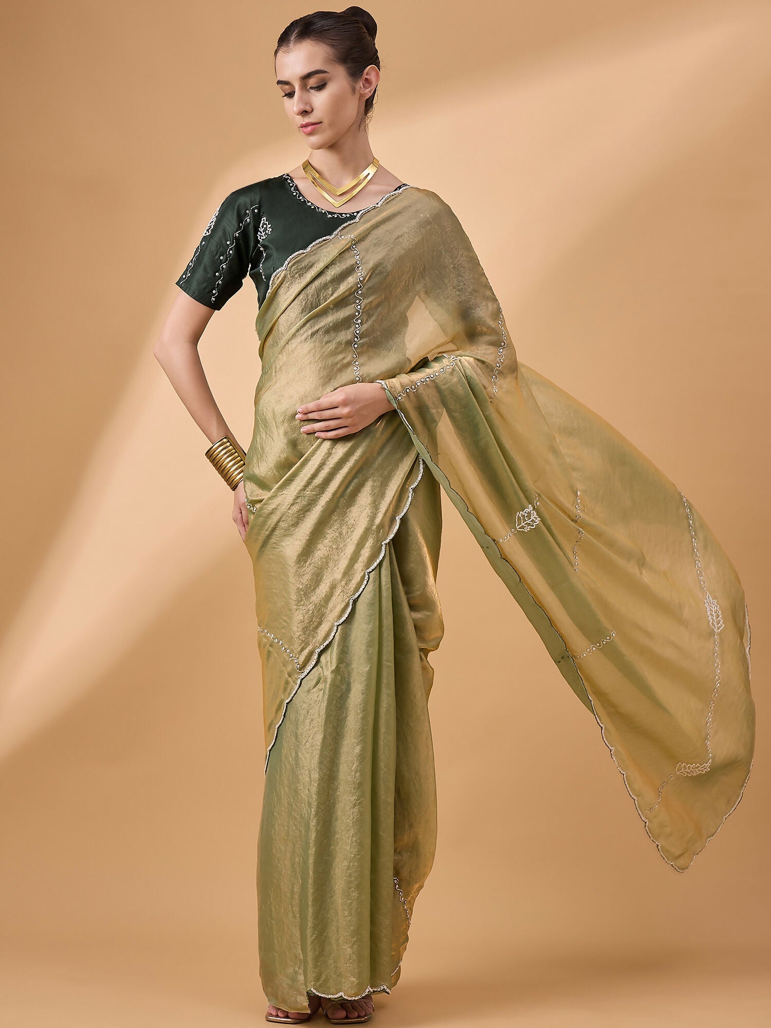 Green Muslin Embroidered Saree with Unstitched Blouse Piece - Satya