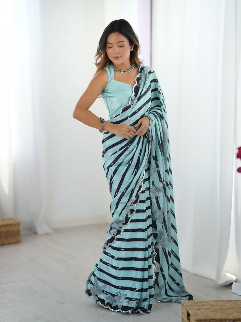 Sea Green Chinon Designer Digital Printed,Mirror Cut Work Saree - Manvika