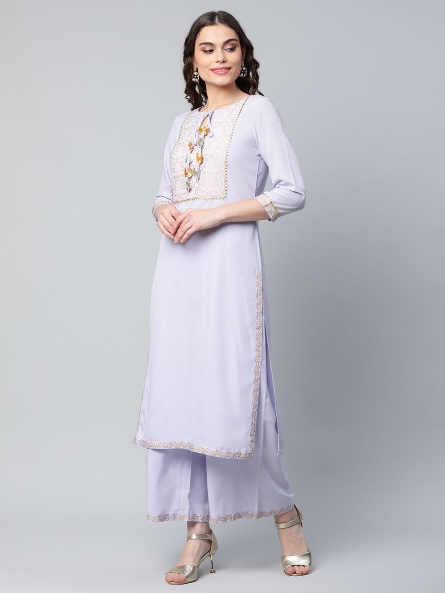 Ahalyaa Women's Powder Blue Crepe Gold Printed Kurta Palazzo Set