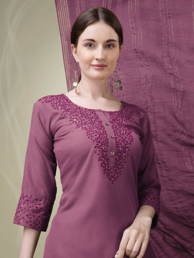 Jyoti Fashion Women's Onion Cotton Blend Embroidery & Sequence work Kurta with Trouser & Dupatta