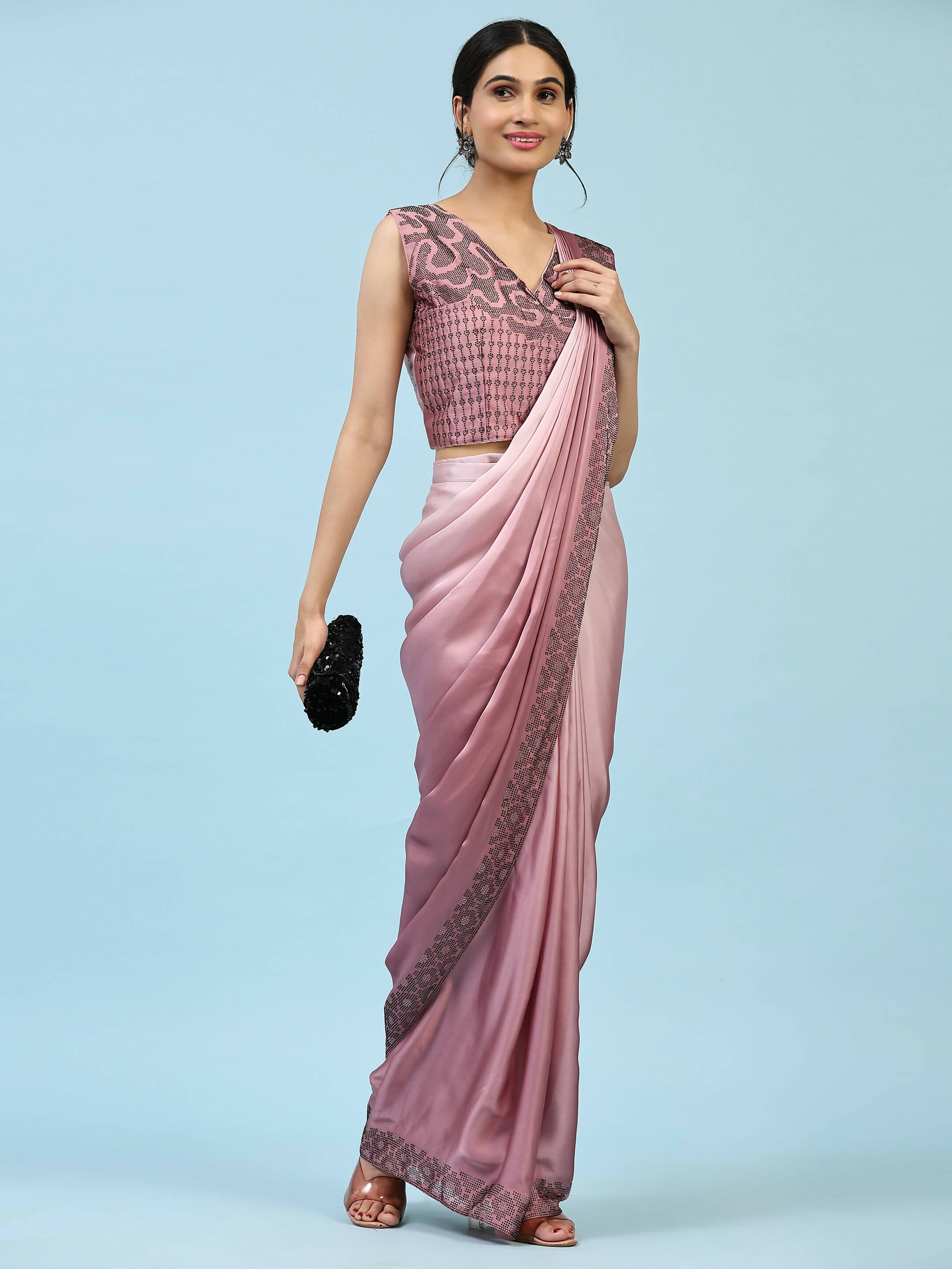 Purple Ombre Satin Georgette Plain Ready to wear Saree with stitched Blouse - Vrinda