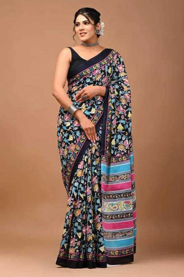 Exclusive Collection Black Multi Beautiful Mulmul Cotton Saree