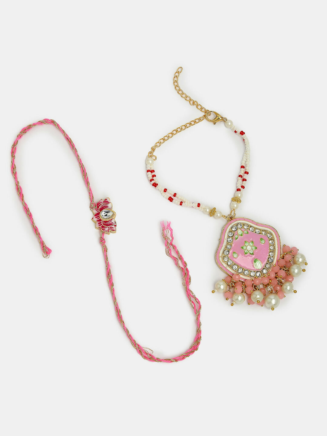 NVR Women & Men Set of 2 Pink Lotus Shape Kundan Stone-Studded & Beaded Bhaiya Bhabhi Rakhi With Roli Chawal