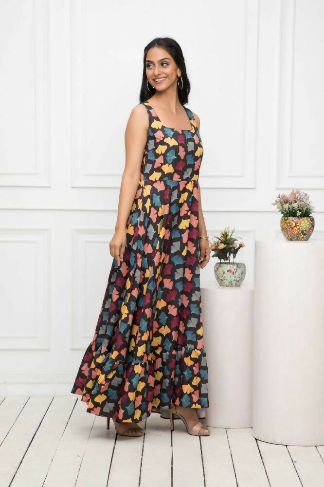 Myshka Women Black Floral Rayon A-Line Round Neck Dress