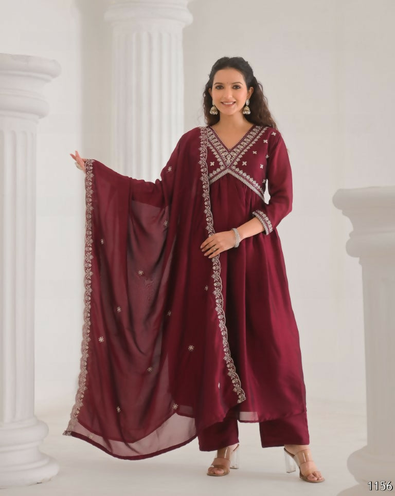 Ethnic Festive Wear Vichitra Silk Wine Stitched Suit With Dupatta - Tanisha