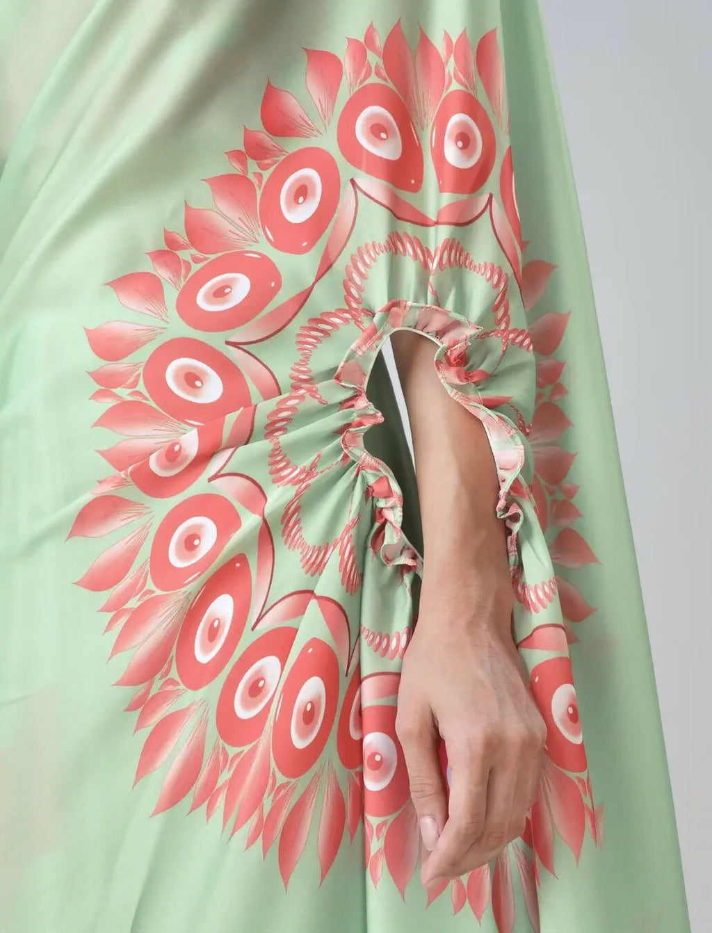 Vastranavya Mint Green & Coral Mandala Print Free Hand Ready to Wear Saree