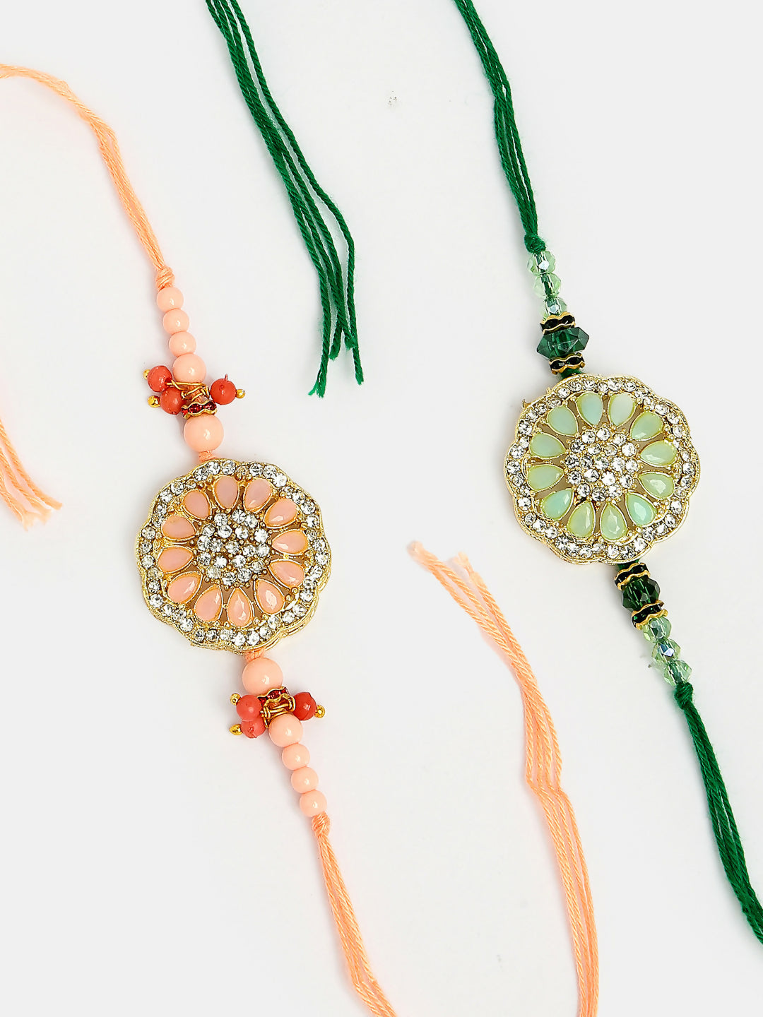 NVR Men Set of 2 Pink & Green Stone-Studded Rakhi With Roli Chawal