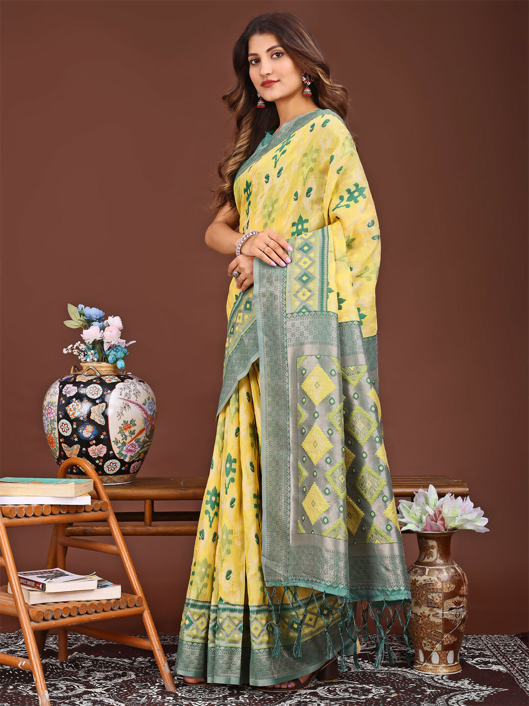 Shree Shyam Fashion Linen Cotton Yellow Saree