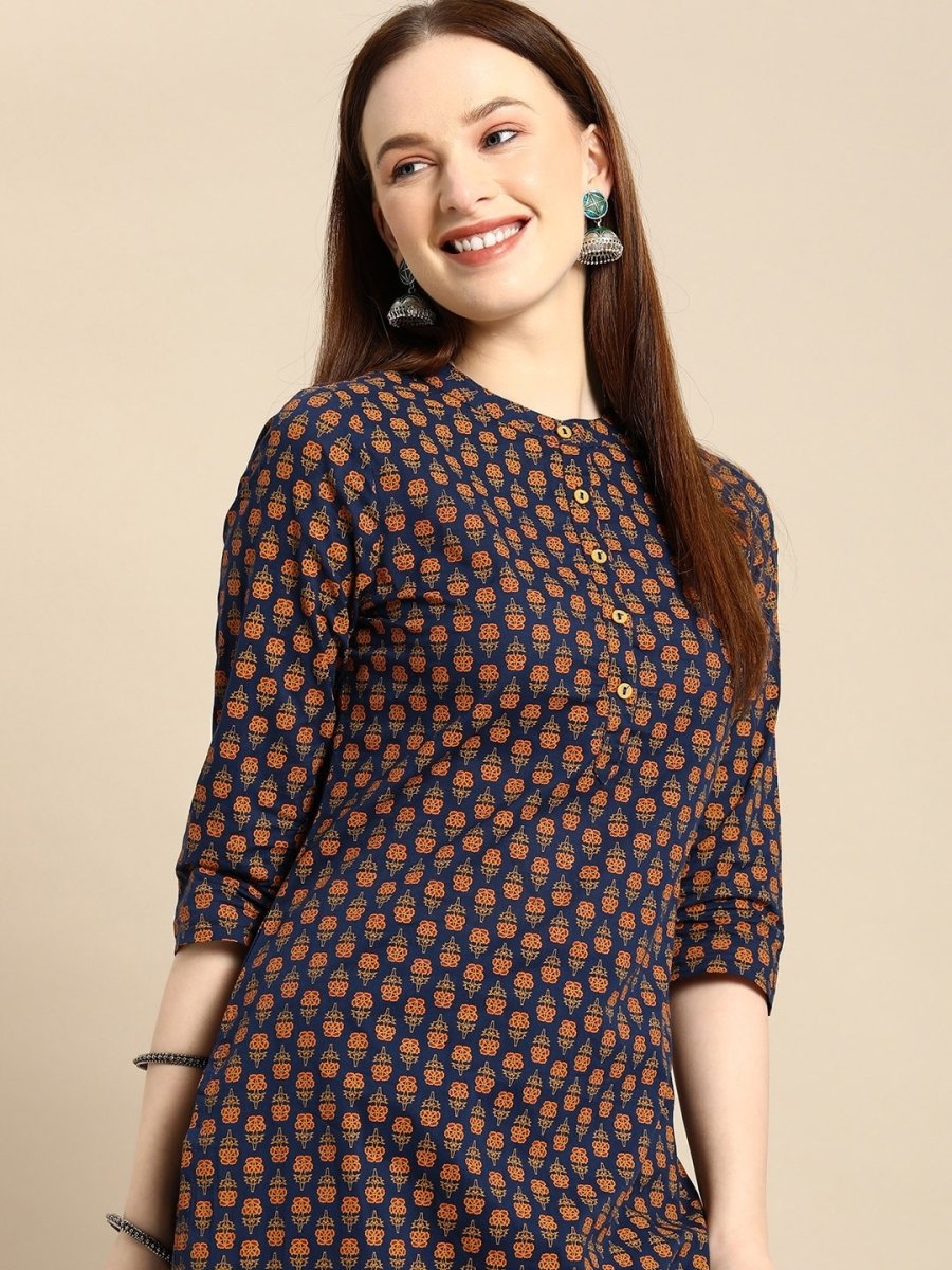 All About You Women Navy Blue & Gold-Toned Ethnic Motifs Printed Regular Kurta