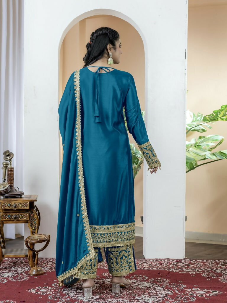 Teeya Creation Morepich Color Chinnon Silk Embroidery Work Fully Stitched Salwar Suit
