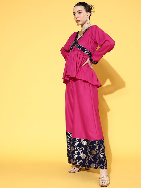 InWeave Women's Fuchsia Blue Brocade Mughal Shaan Kurta Palazzo Set